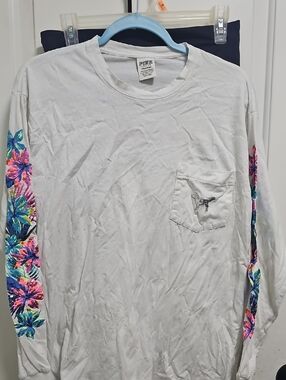 PINK Victoria's Secret White Long-Sleeve Tee with Multicolor Floral Sleeve Print